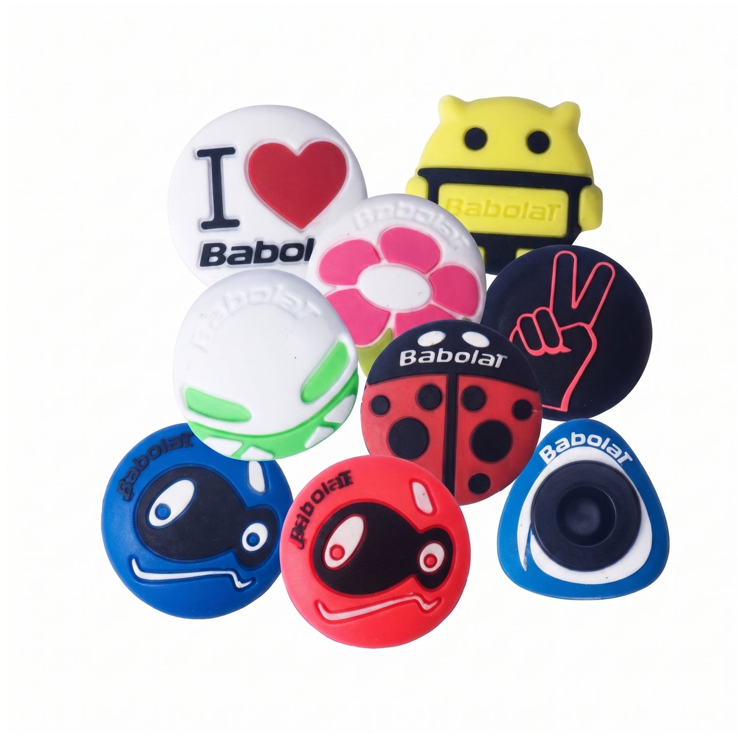 Assorted Babolat Dampeners on a white background