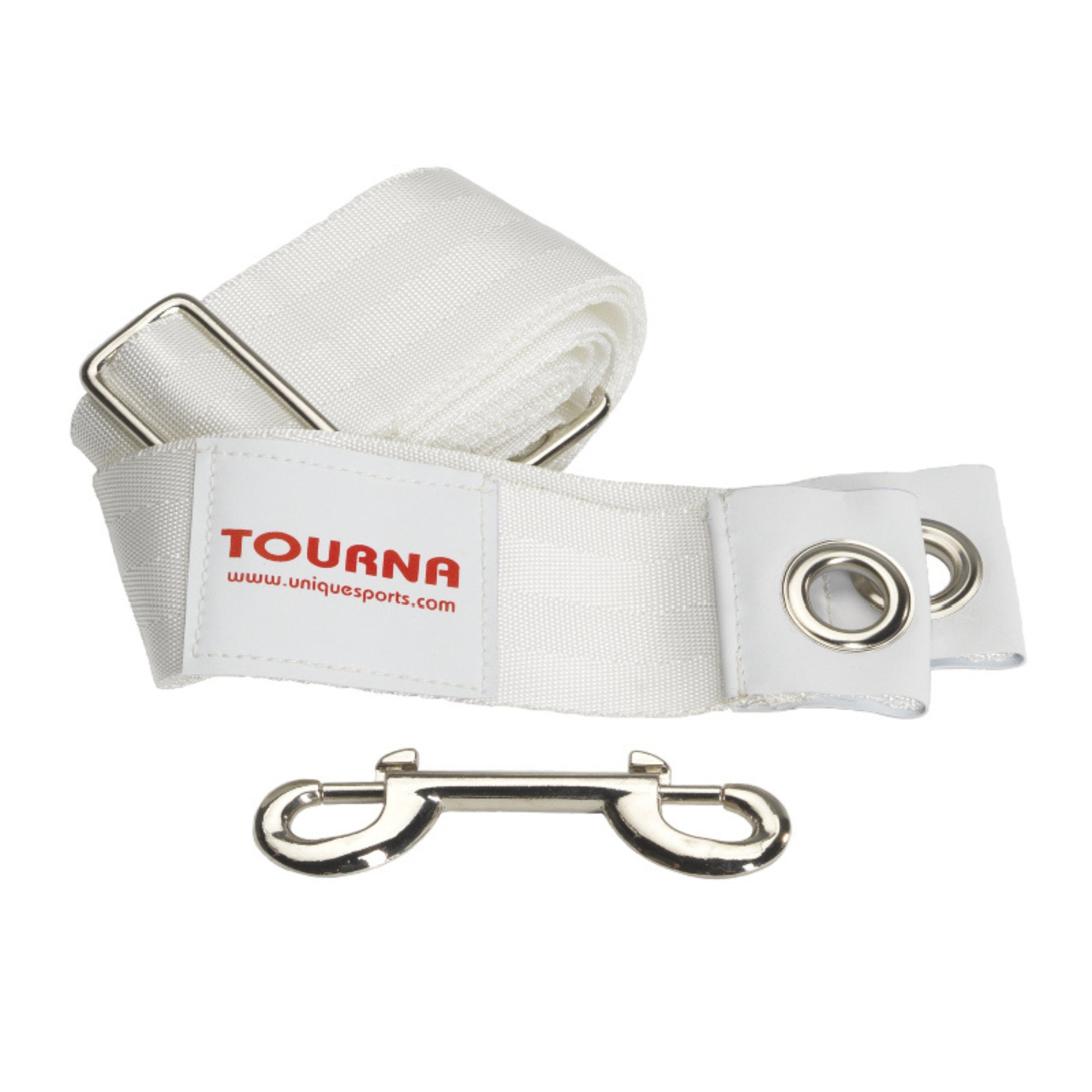 White strap with metal clasp and grommets on a white background, featuring the Tourna logo.