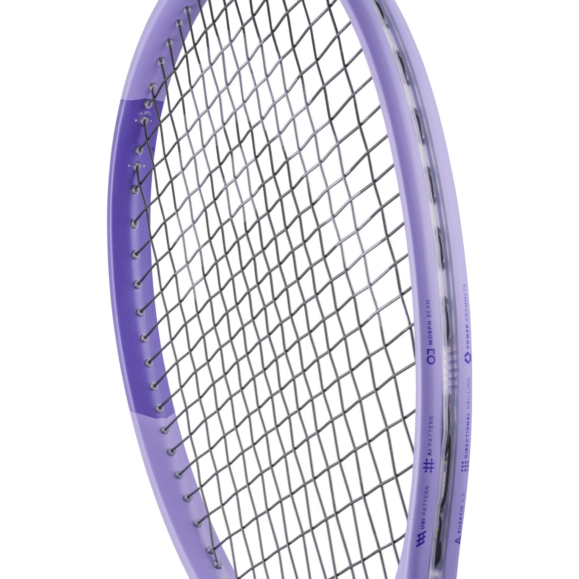 Close-up of a tennis racket with purple frame and white strings on a white background