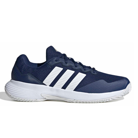 Navy adidas tennis shoe with white stripes on a white background