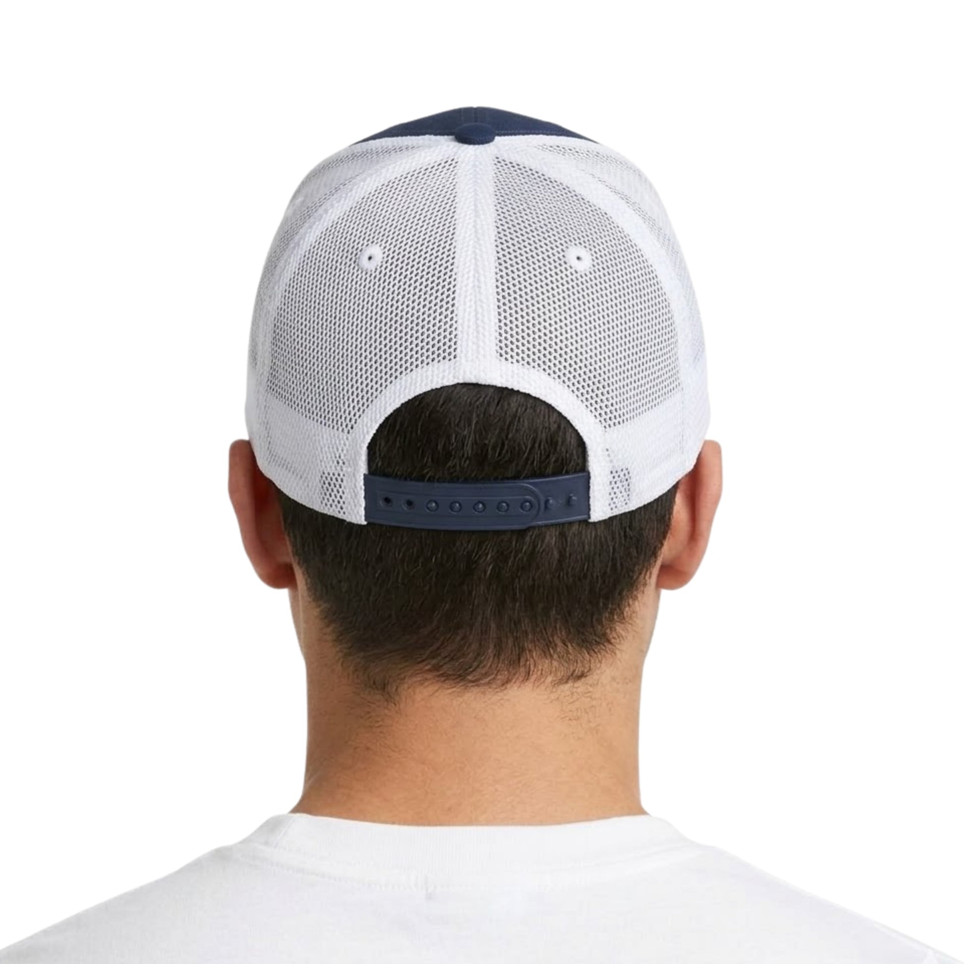 Back view of a person wearing a white and navy blue cap on a white background