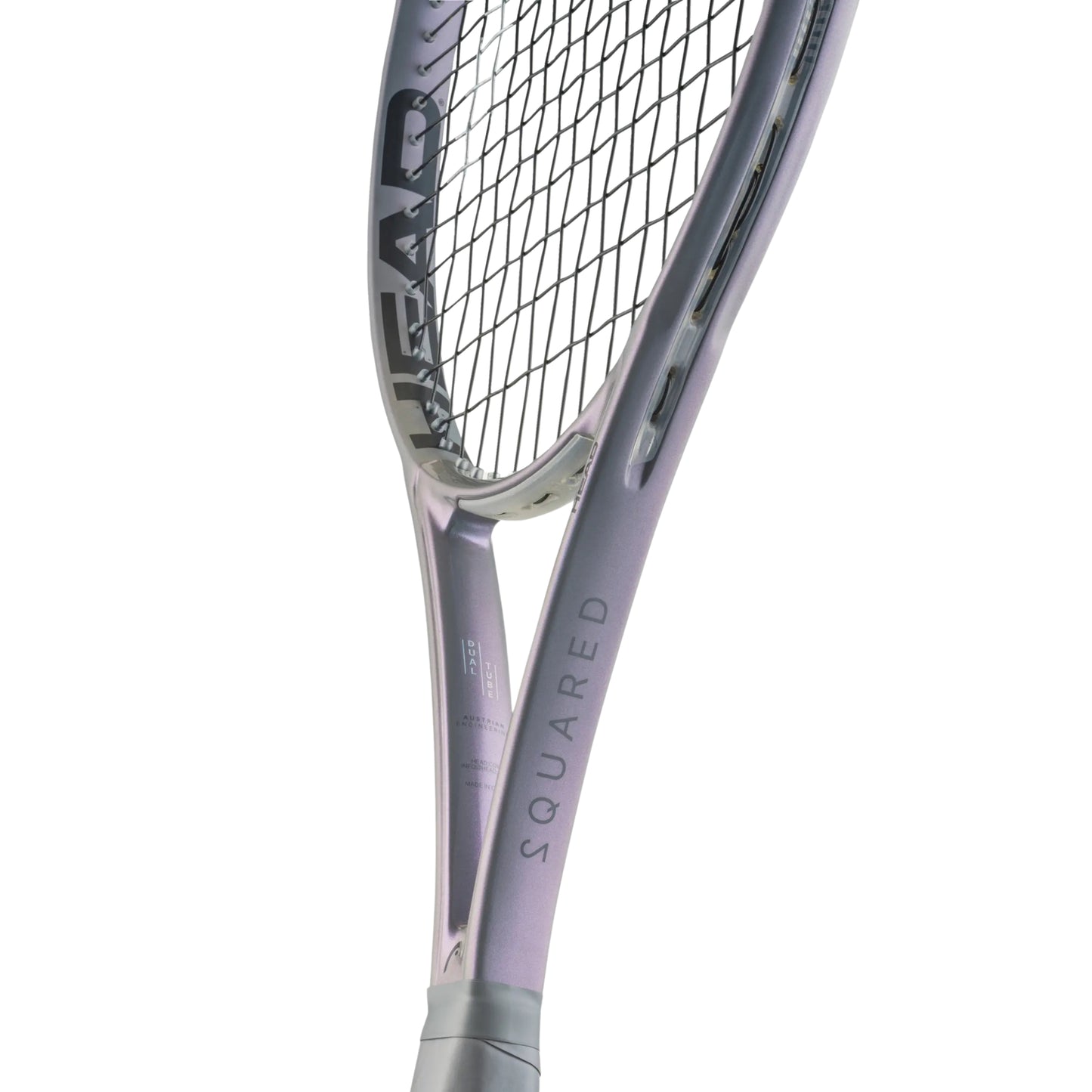 Close-up of a tennis racket with 'HEAD' branding on a white background