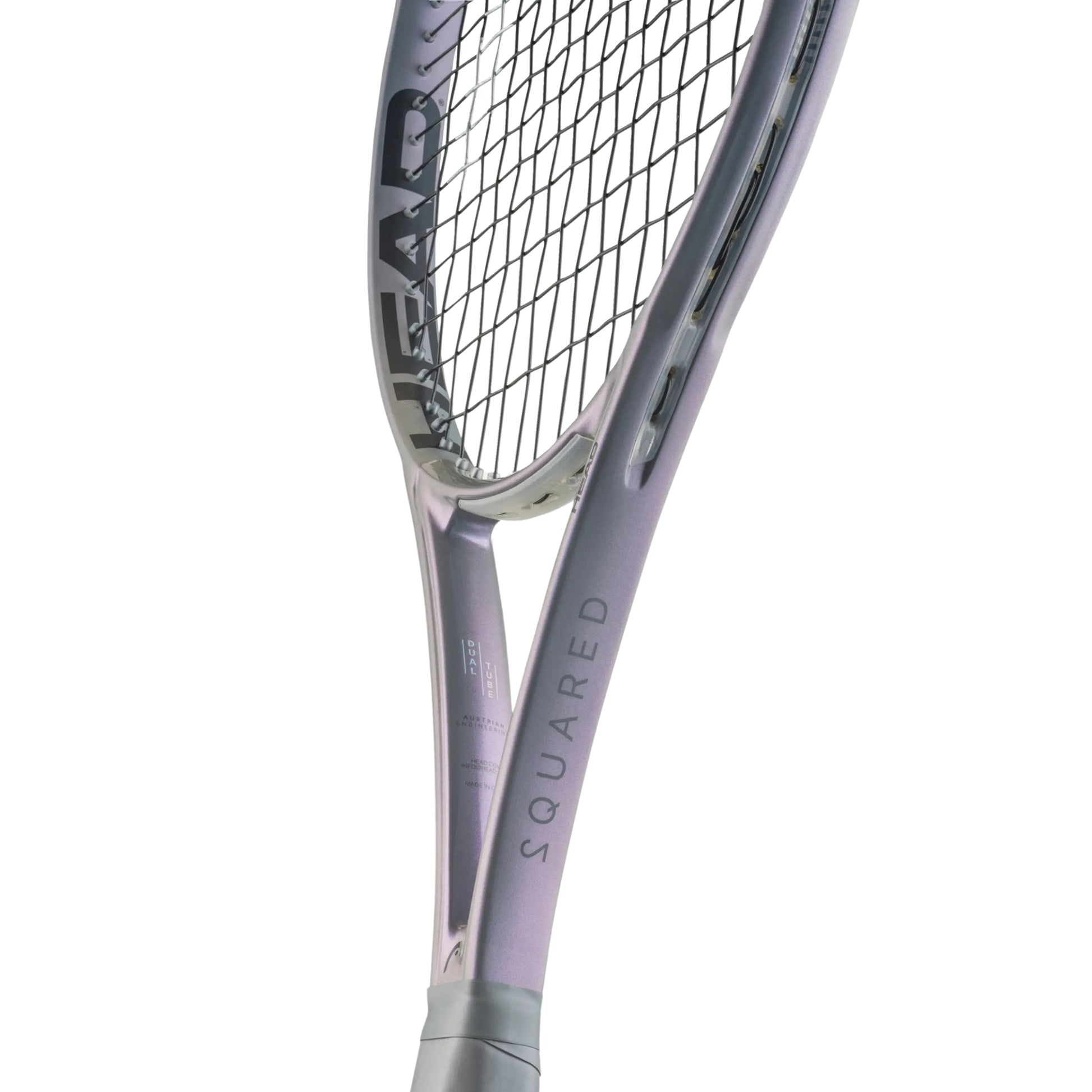 Close-up of a tennis racket with 'HEAD' branding on a white background