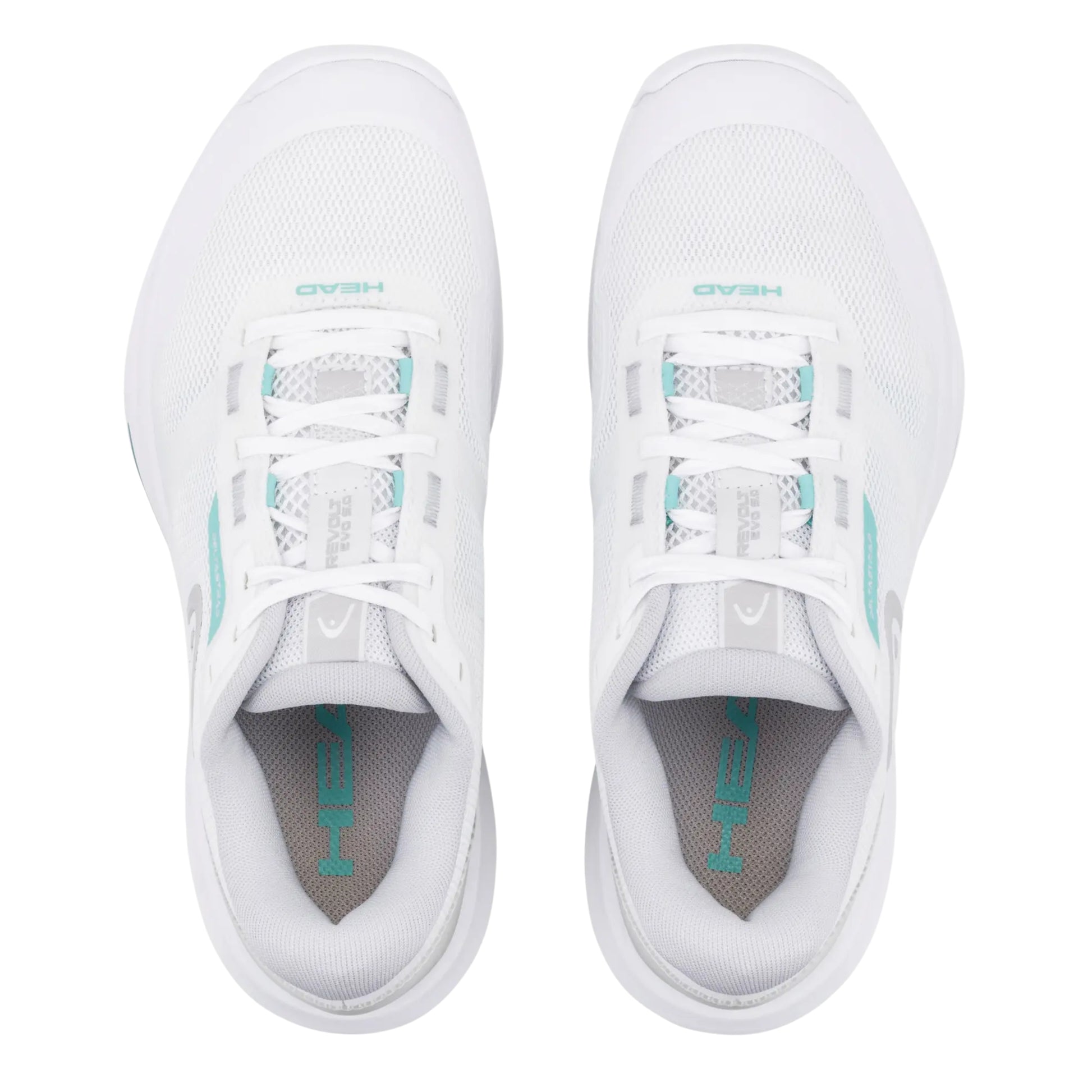 White Head tennis shoes with blue accents on a white background