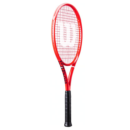 A red Wilson tennis racket with a black grip, shown vertically against a plain white background.