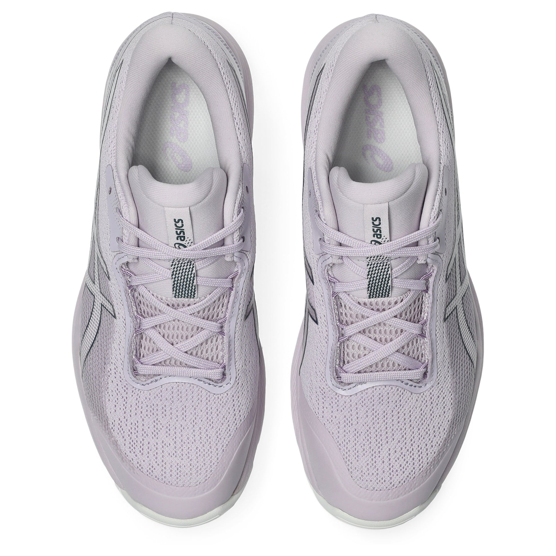 Light pink Asics shoes with black accents on a white background