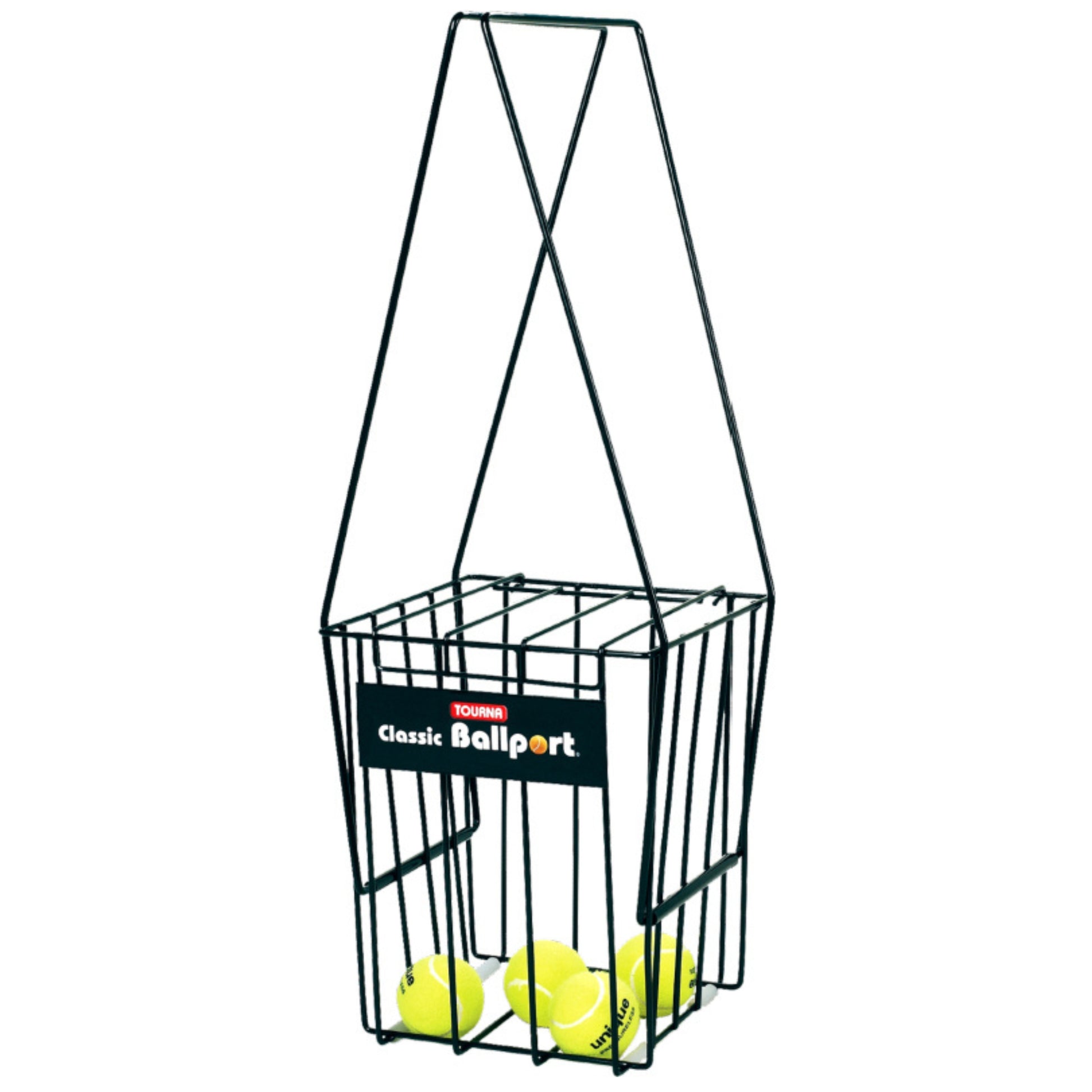 Basket of tennis balls with a stand on a white background