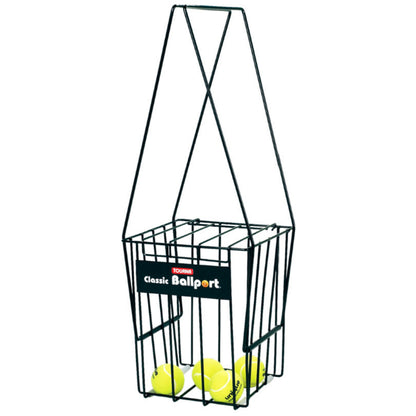 Basket of tennis balls with a stand on a white background