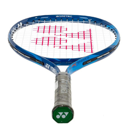Blue yonex kids racket with logo on the curve of the racket 