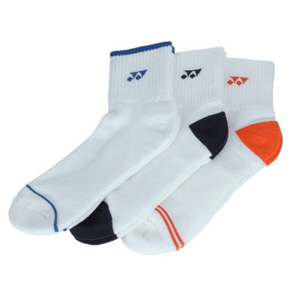 Three pairs of Yonex socks with different color accents on a white background