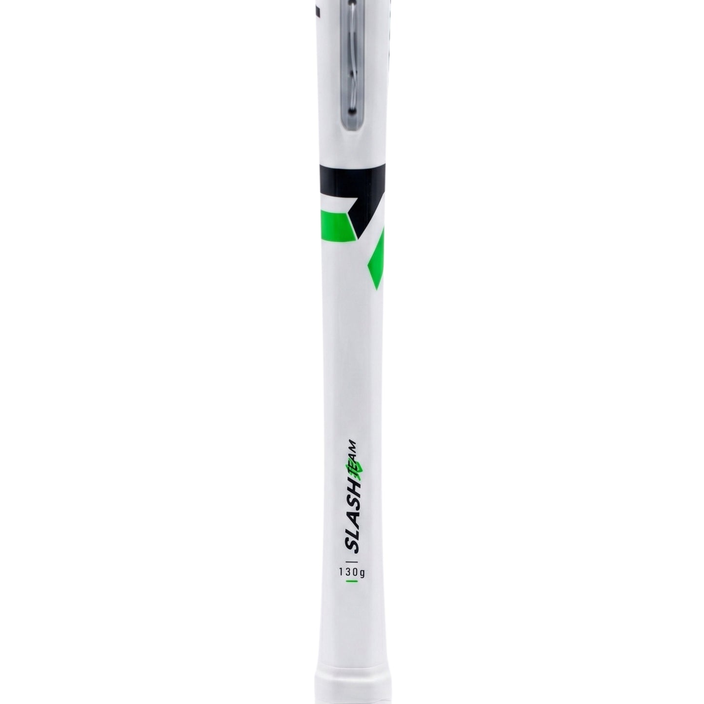 A close-up of a white squash racket shaft featuring the SLASH TEAM 130G model name in black and green, with a black and green accent band near the top.