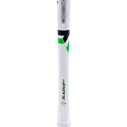 A close-up of a white squash racket shaft featuring the SLASH TEAM 130G model name in black and green, with a black and green accent band near the top.