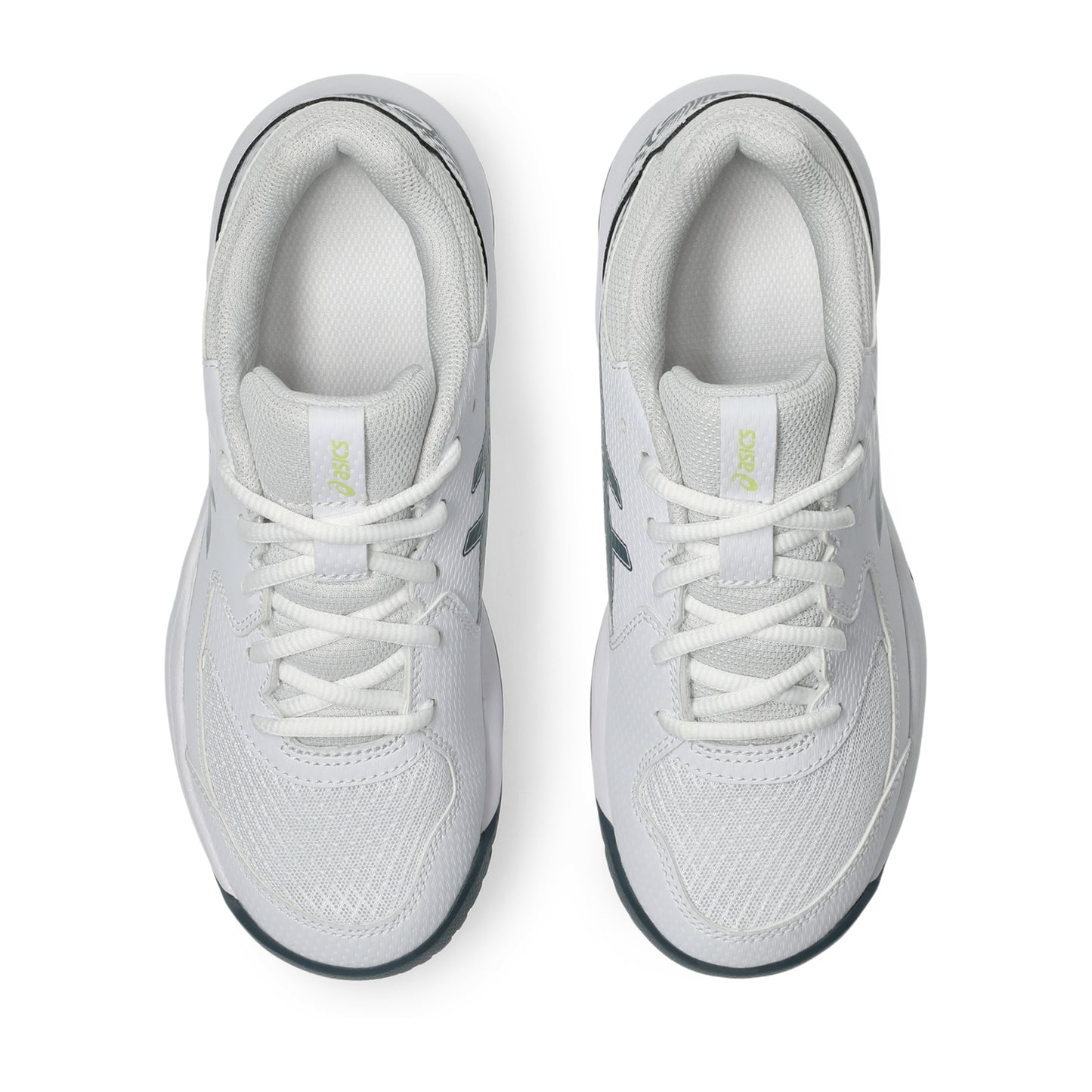 White and green Asics shoes on a white background