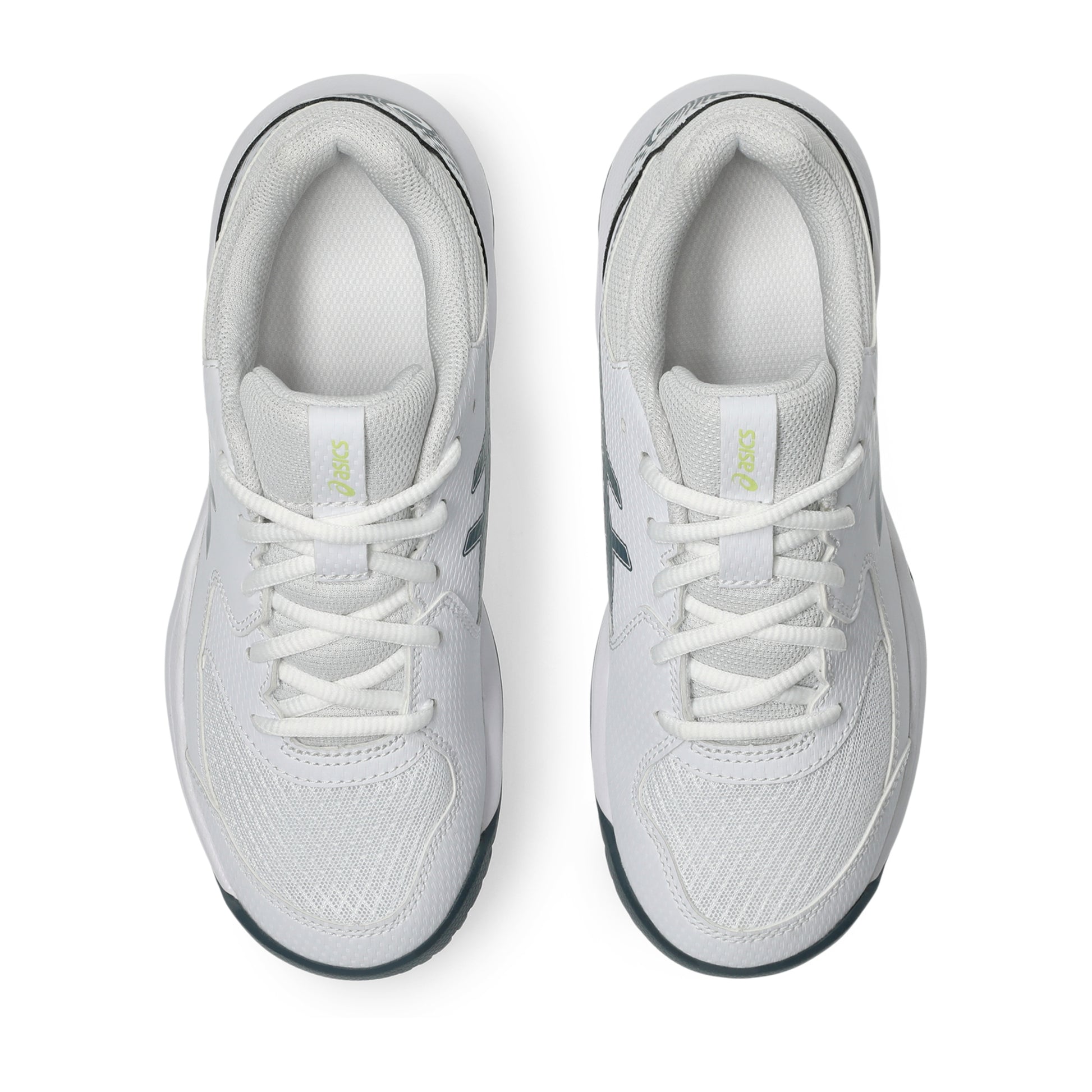 White and green Asics shoes on a white background