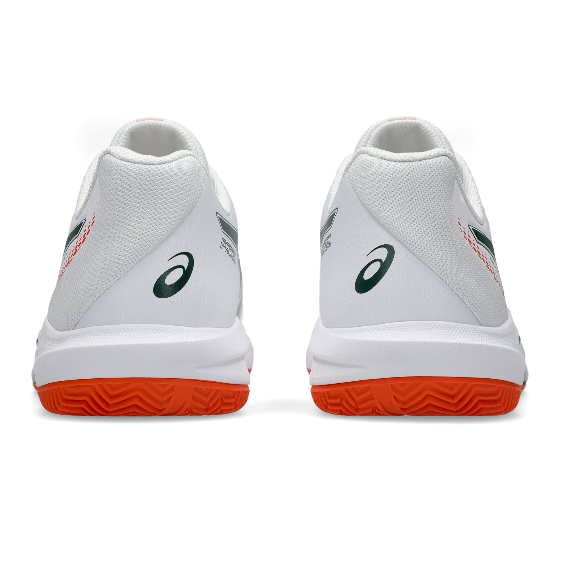A pair of white Asics padel shoes shown from the back, featuring a white mesh upper, a dark green Asics logo, and a vibrant orange wavy outsole.