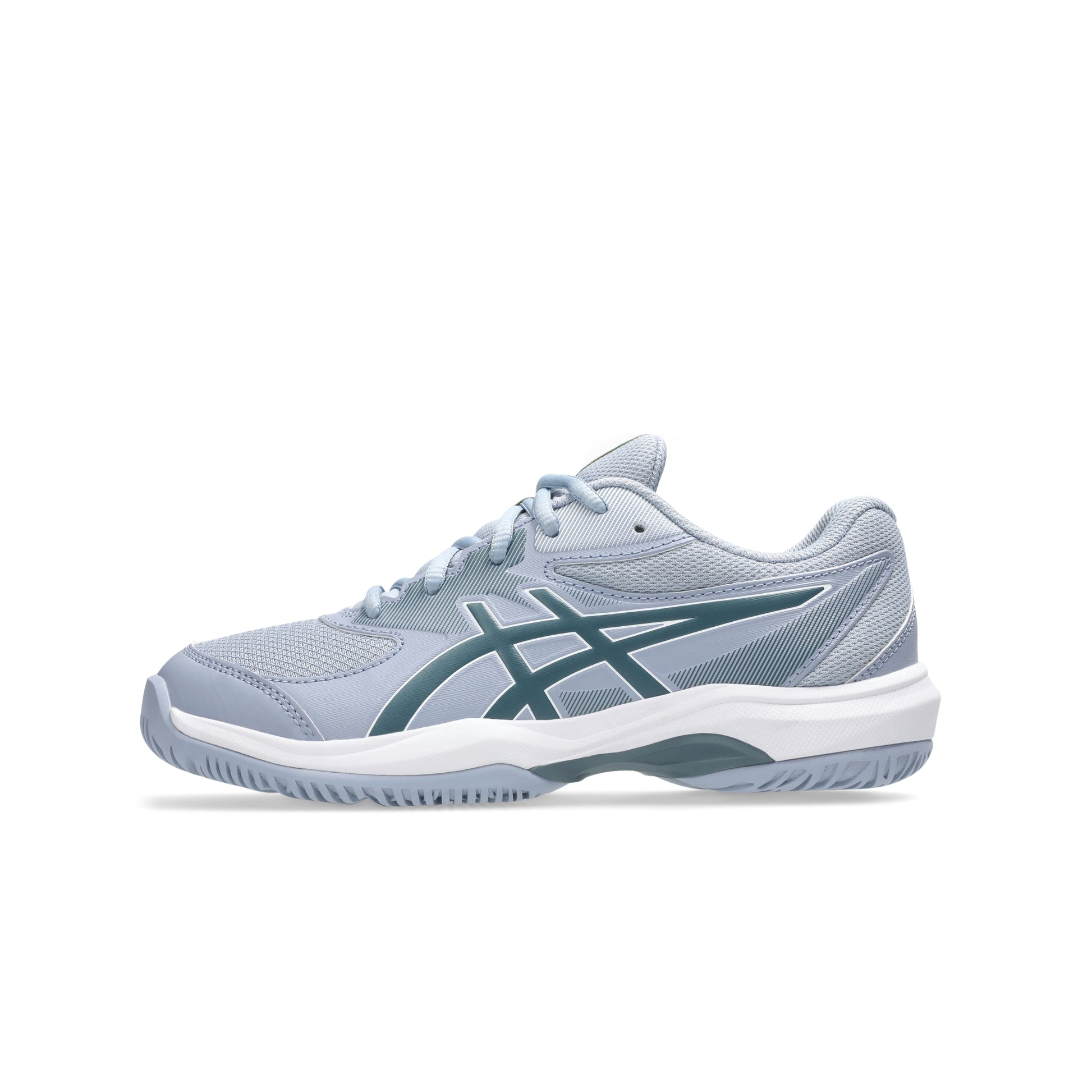 Blue and green Asics shoe on a white background
