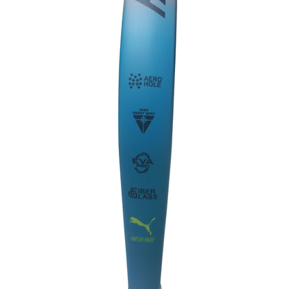 Side view of Puma padel racket, with information on the racket