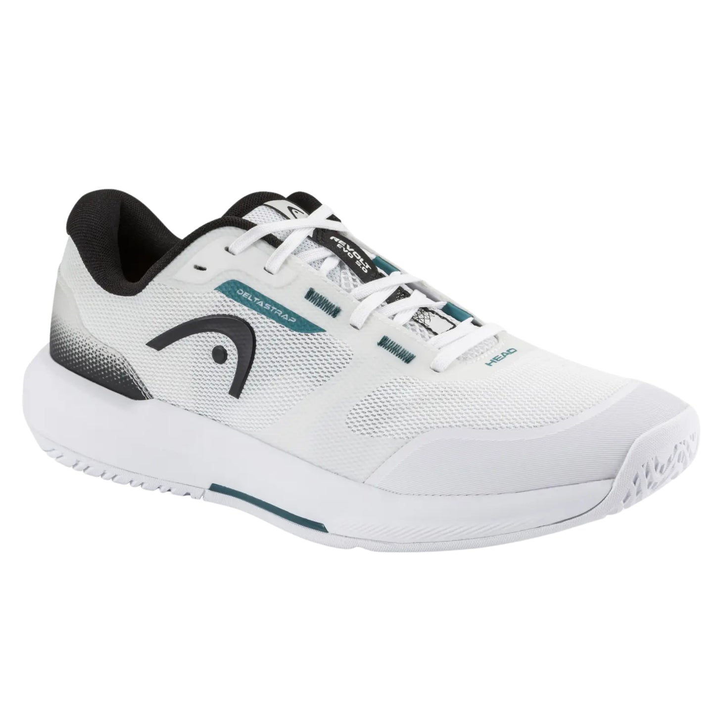White Head tennis shoe with black and teal accents on a white background