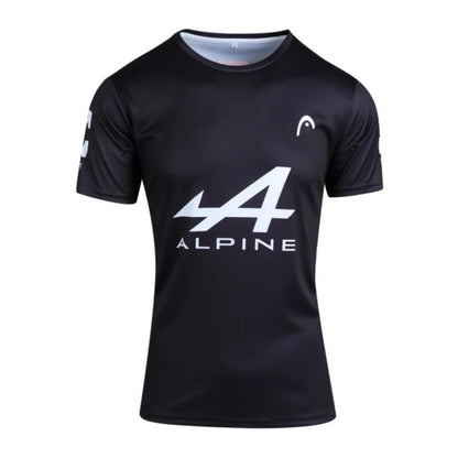 Black t-shirt with 'Alpine' logo on a white background