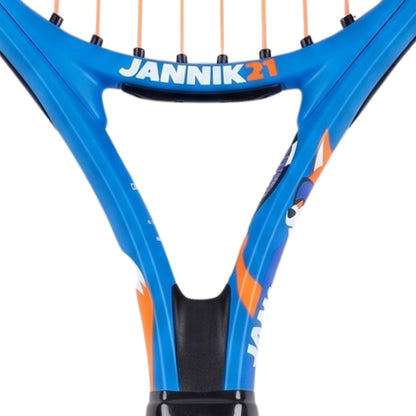 Close-up of a Jannik Head tennis racket featuring a bright blue frame with orange and white accents, black grip, and peach-colored strings, set against a plain white background.