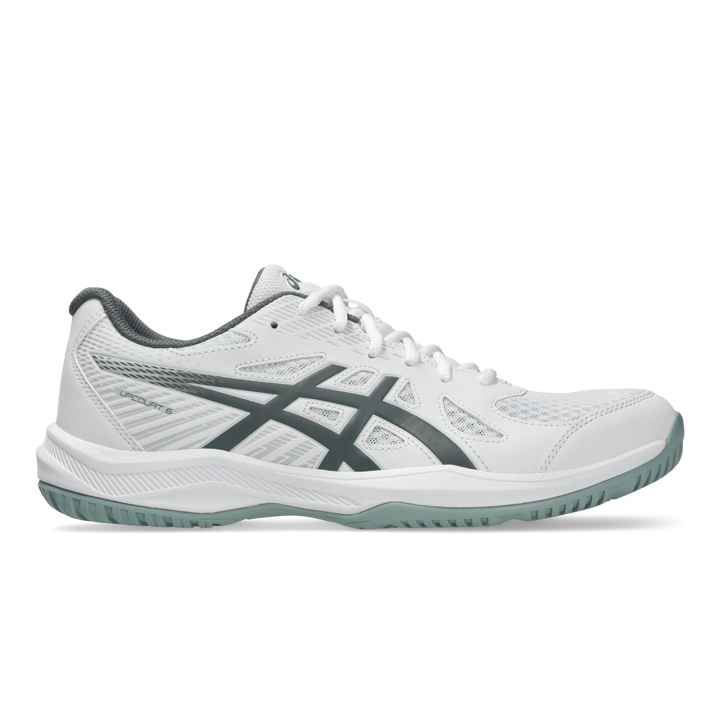 A white Asics squash shoe with dark gray stripes and a light green outsole, shown in a side profile on a white background.