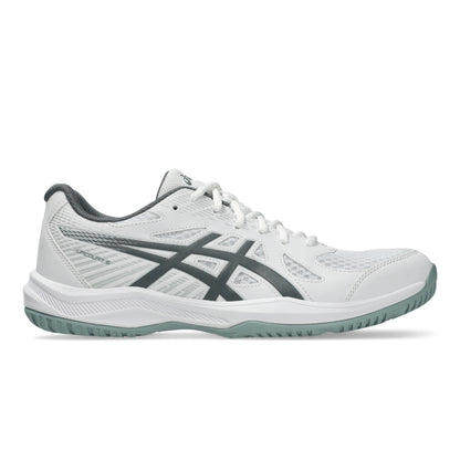 A white Asics squash shoe with dark gray stripes and a light green outsole, shown in a side profile on a white background.