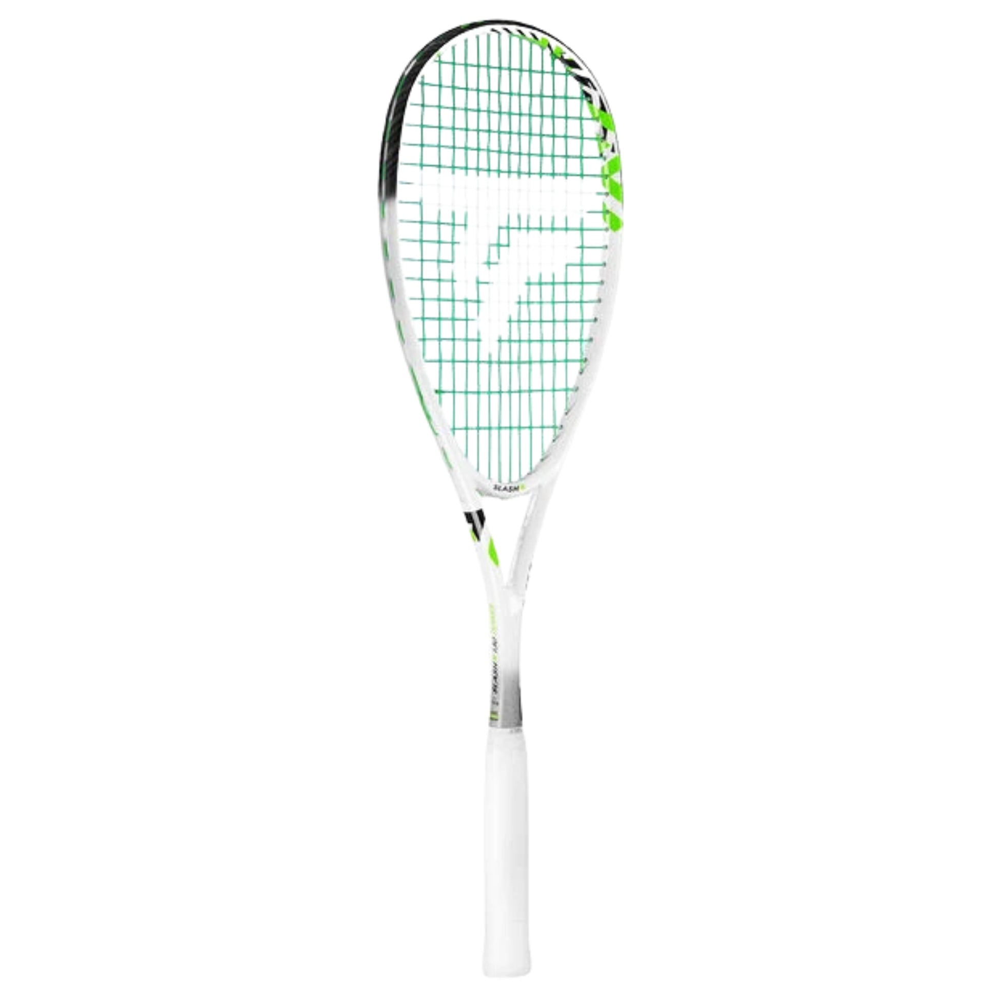 A white and green squash Tecnifibre  racket with a white grip, shown vertically against a plain white background.