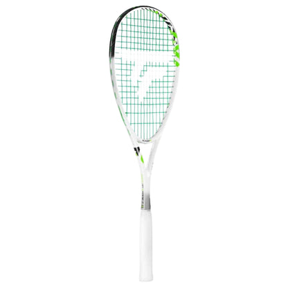 A white and green squash Tecnifibre  racket with a white grip, shown vertically against a plain white background.