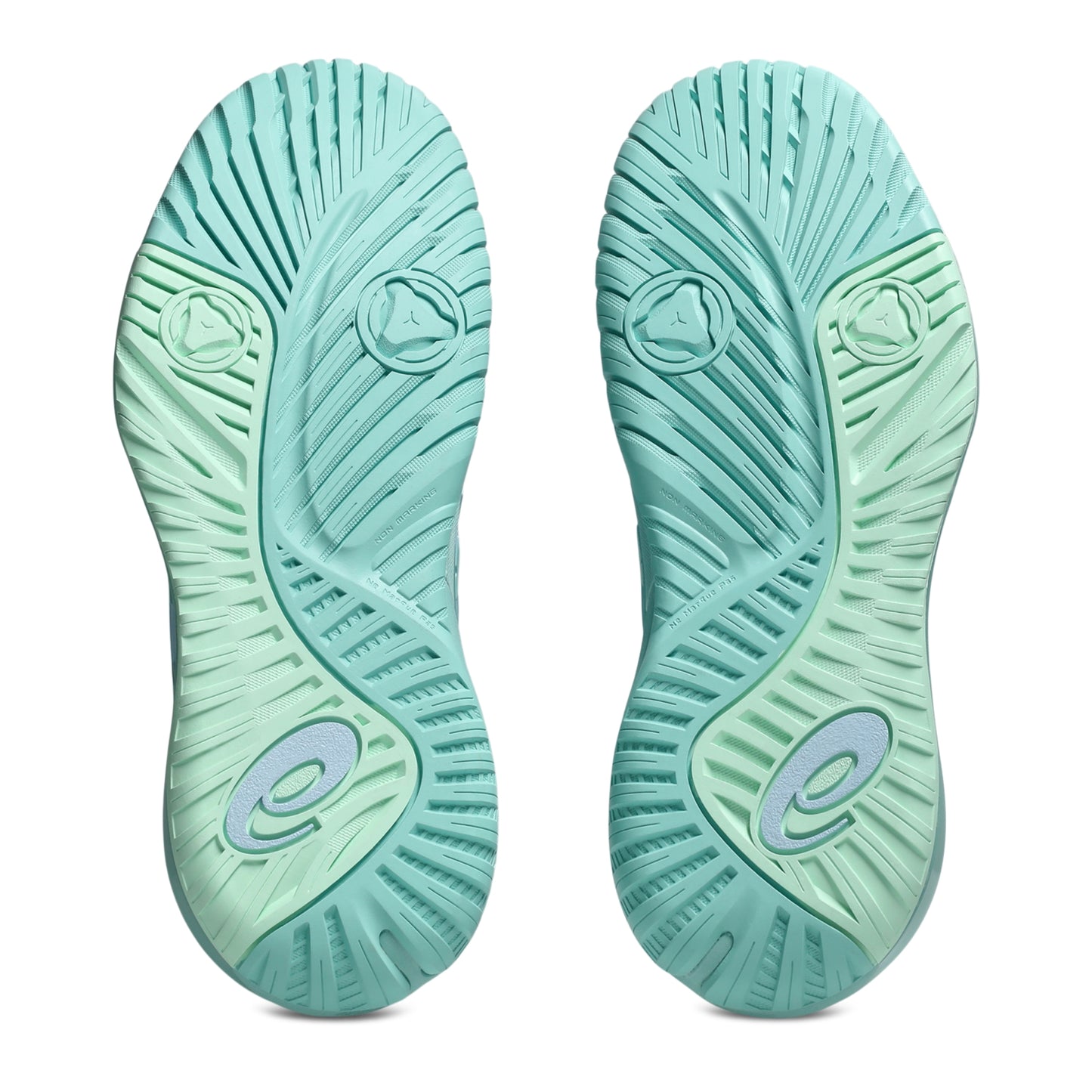 The outsoles of a pair of Asics tennis shoes, shown from the bottom against a plain white background. The soles feature a textured, ribbed pattern in a mint green and light aqua color scheme, with a stylized lowercase 'e' logo near the heel.