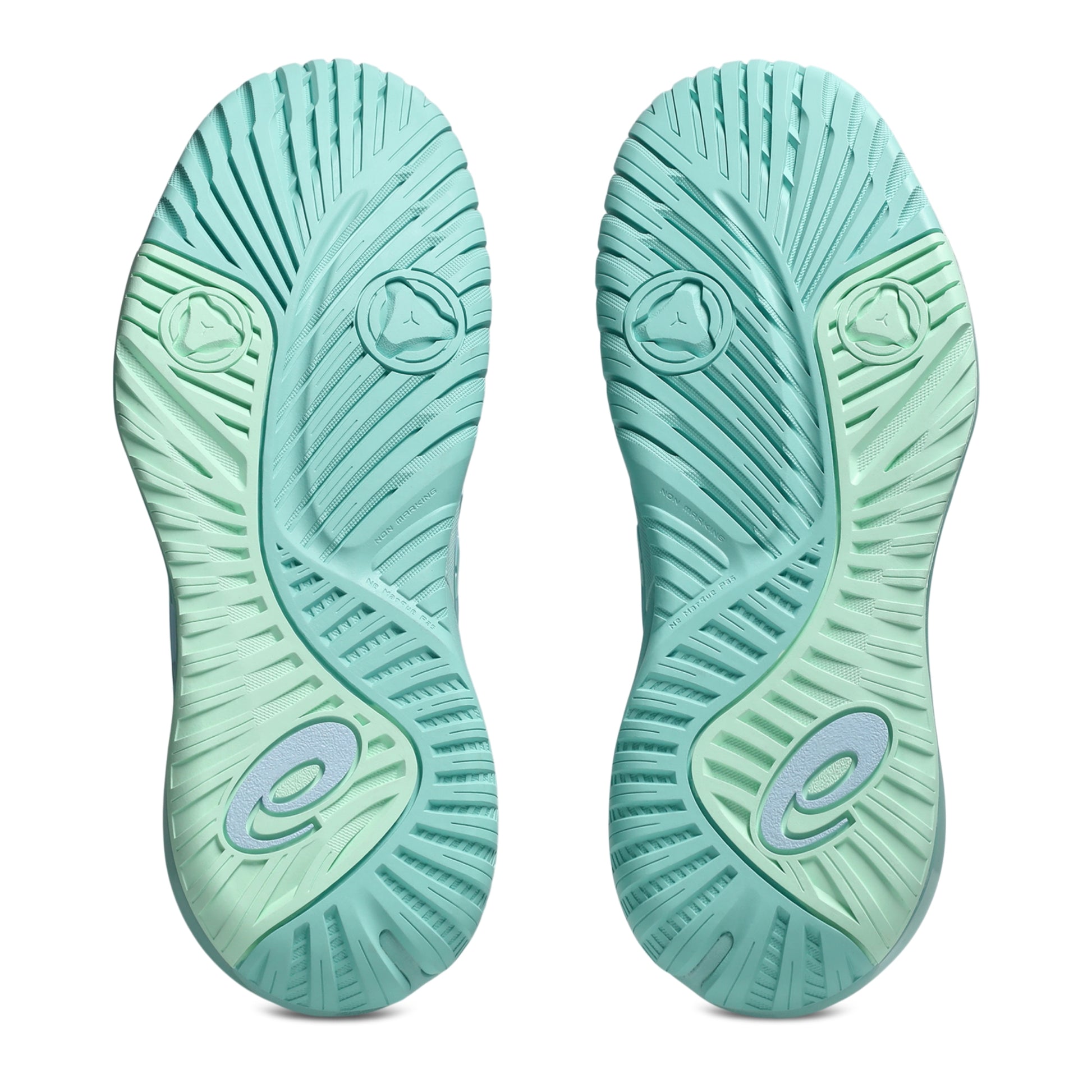 The outsoles of a pair of Asics tennis shoes, shown from the bottom against a plain white background. The soles feature a textured, ribbed pattern in a mint green and light aqua color scheme, with a stylized lowercase 'e' logo near the heel.