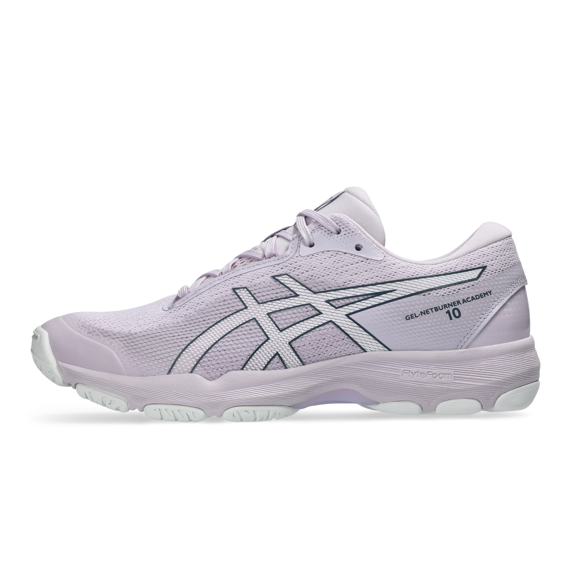 Light pink Asics shoe with black accents on a white background
