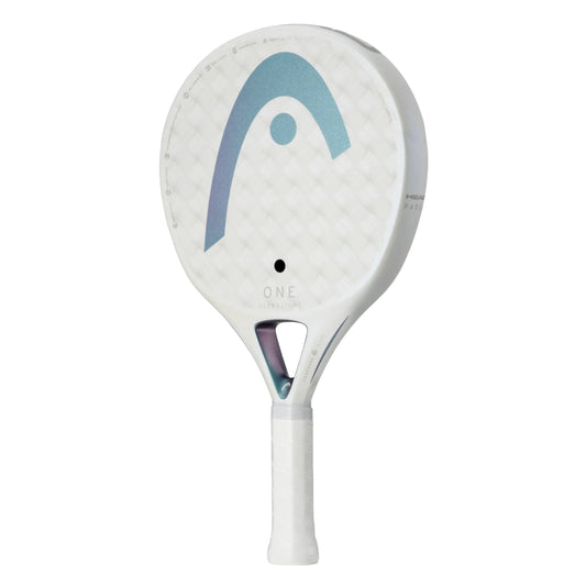 Head padel racket with a white and blue design on a white background