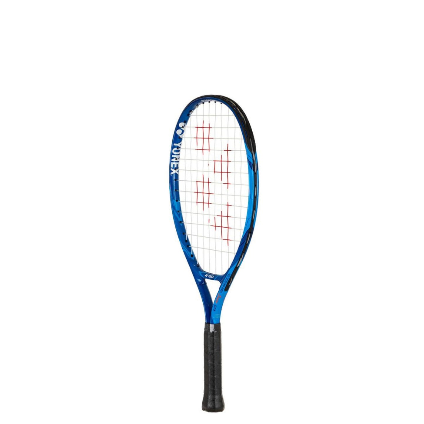 Blue yonex kids racket with logo on the curve of the racket 