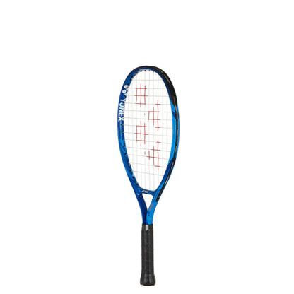 Blue yonex kids racket with logo on the curve of the racket 