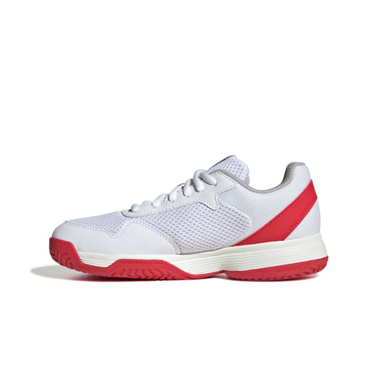 White and red Adidas shoe with black stripes on a white background
