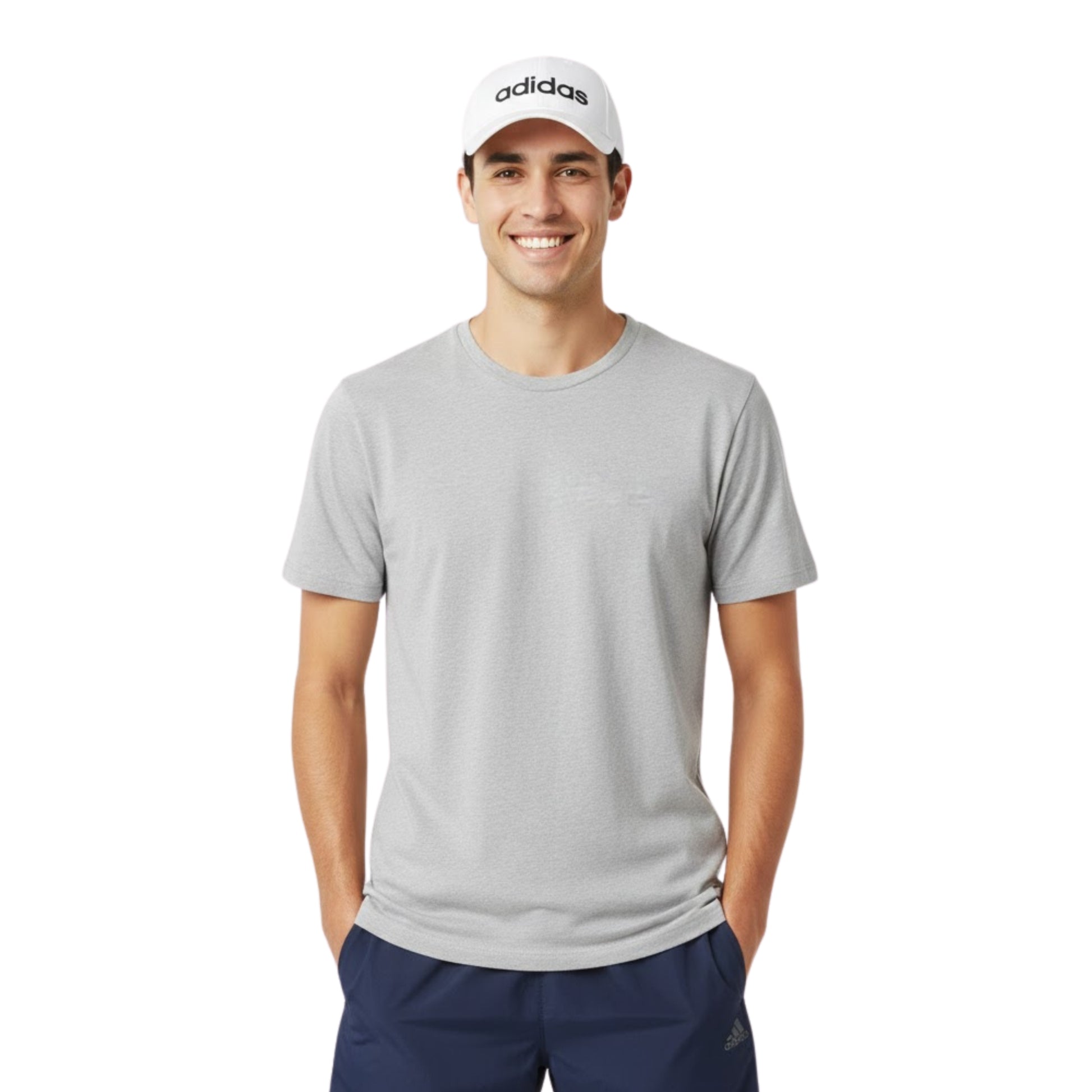 Man wearing a gray t-shirt and white Adidas cap on a white background