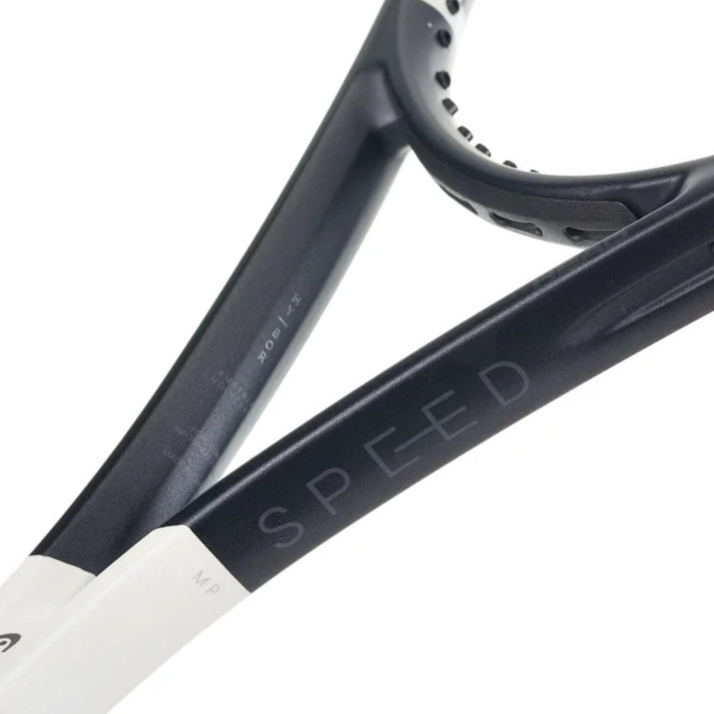 Close-up of a tennis racket with 'SPEED' branding on a white background