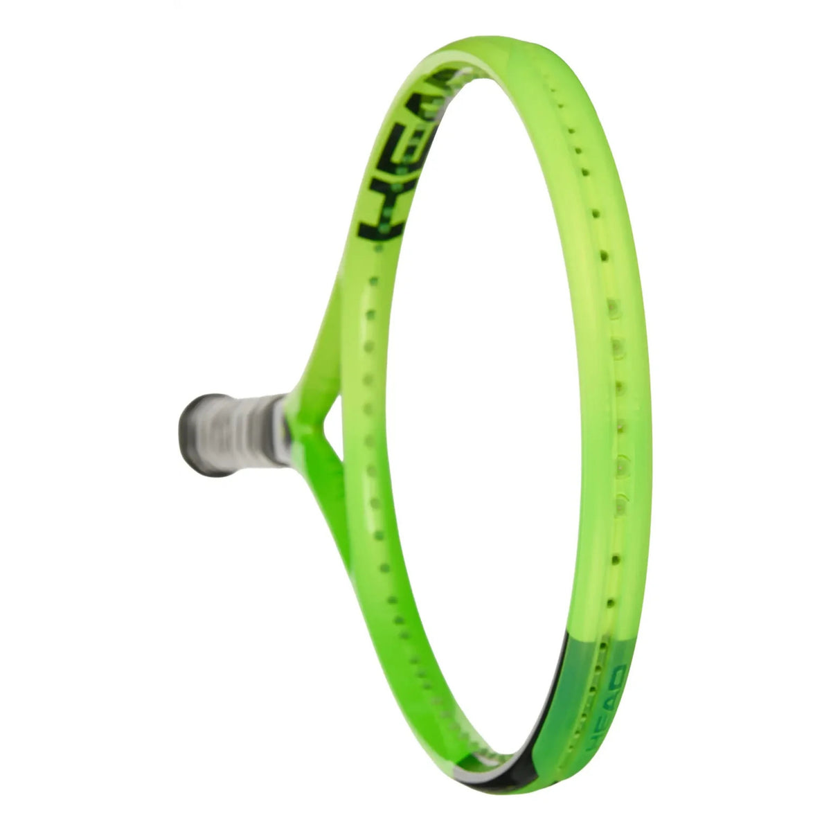 A lime green HEAD tennis racket shown from a side profile view against a solid white background.