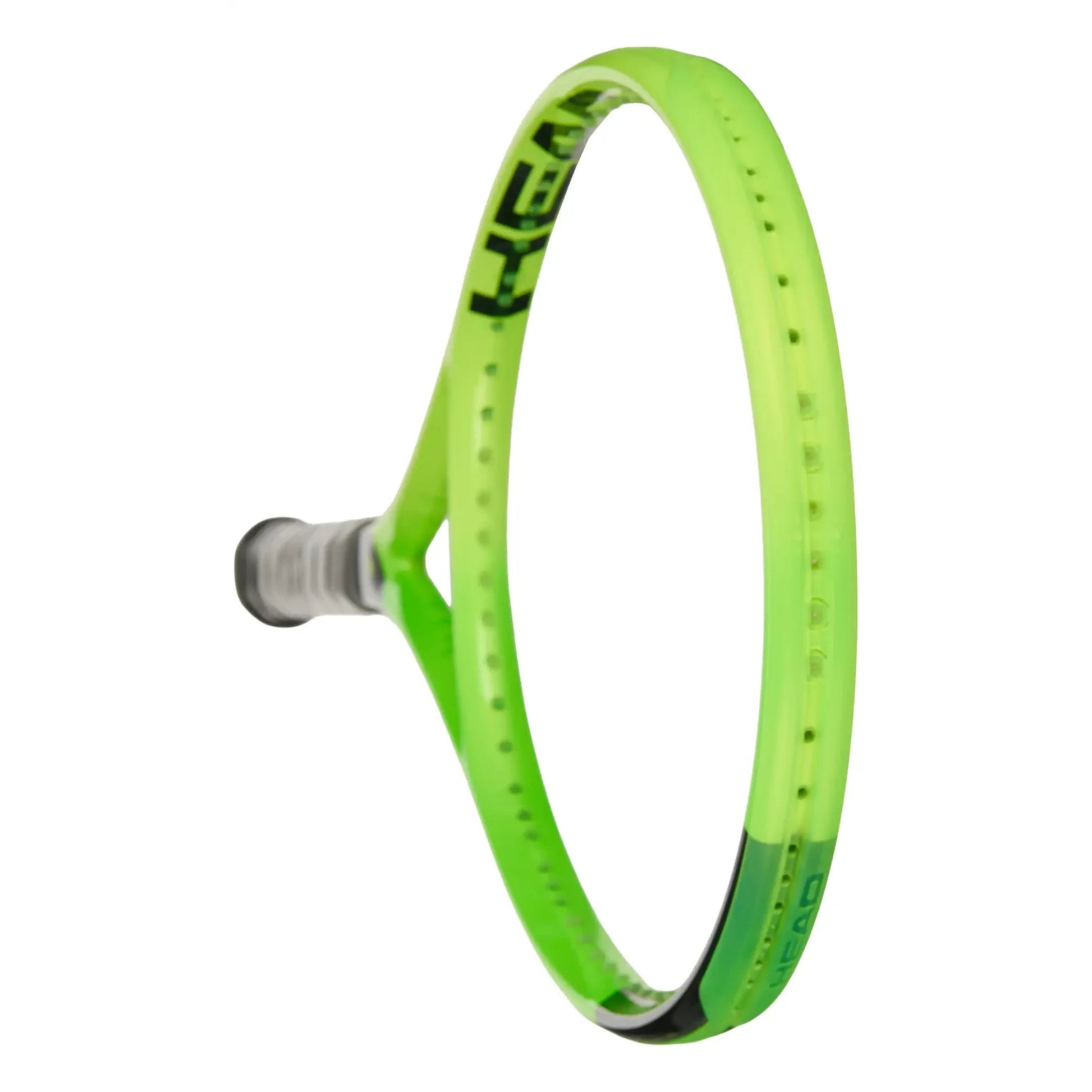 A lime green HEAD tennis racket shown from a side profile view against a solid white background.
