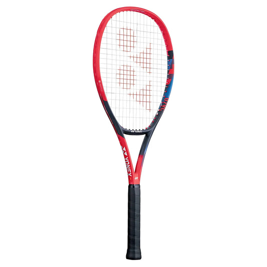Red and black tennis racket on a white background