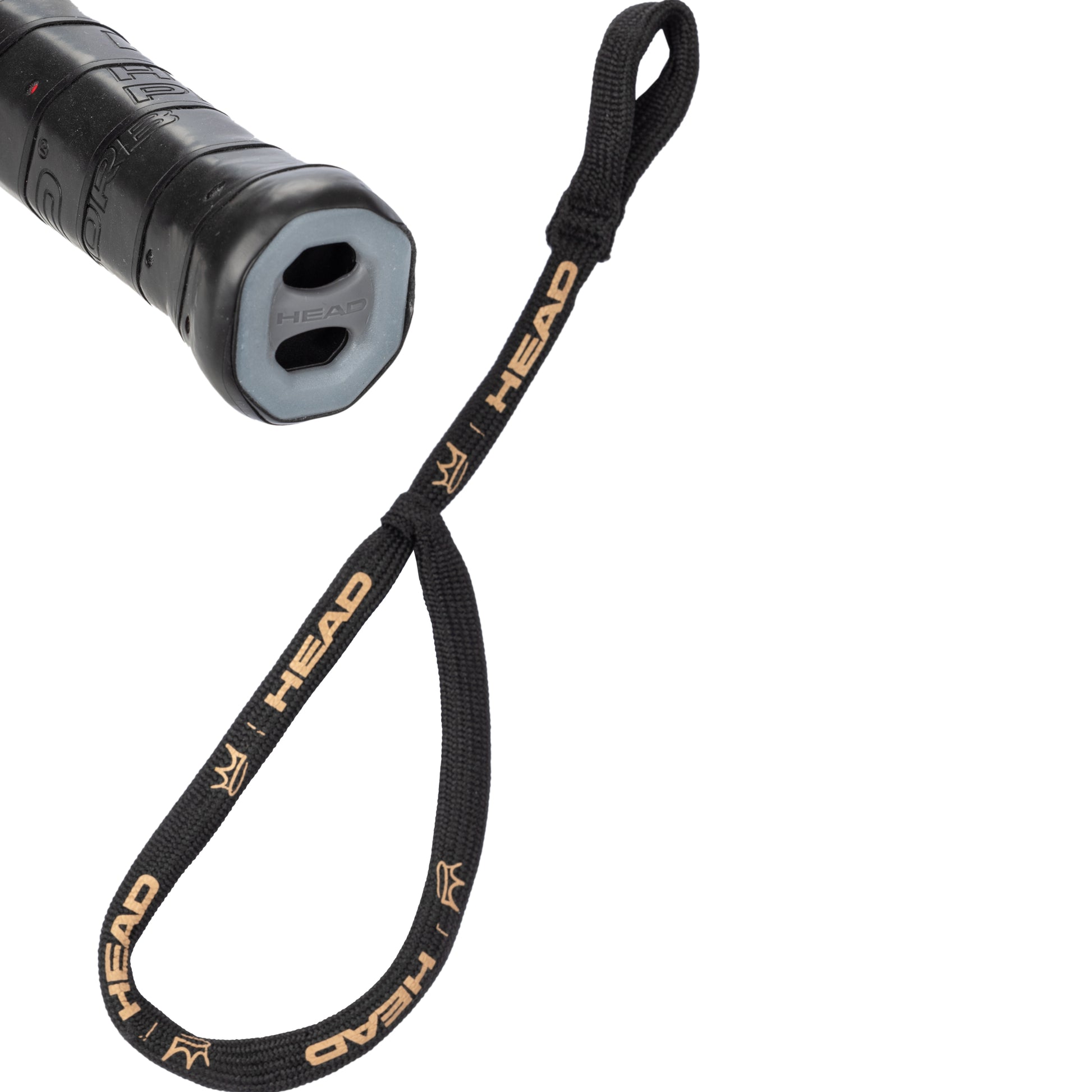 Black padel racket handle with gold 'HEAD' branding on a white background