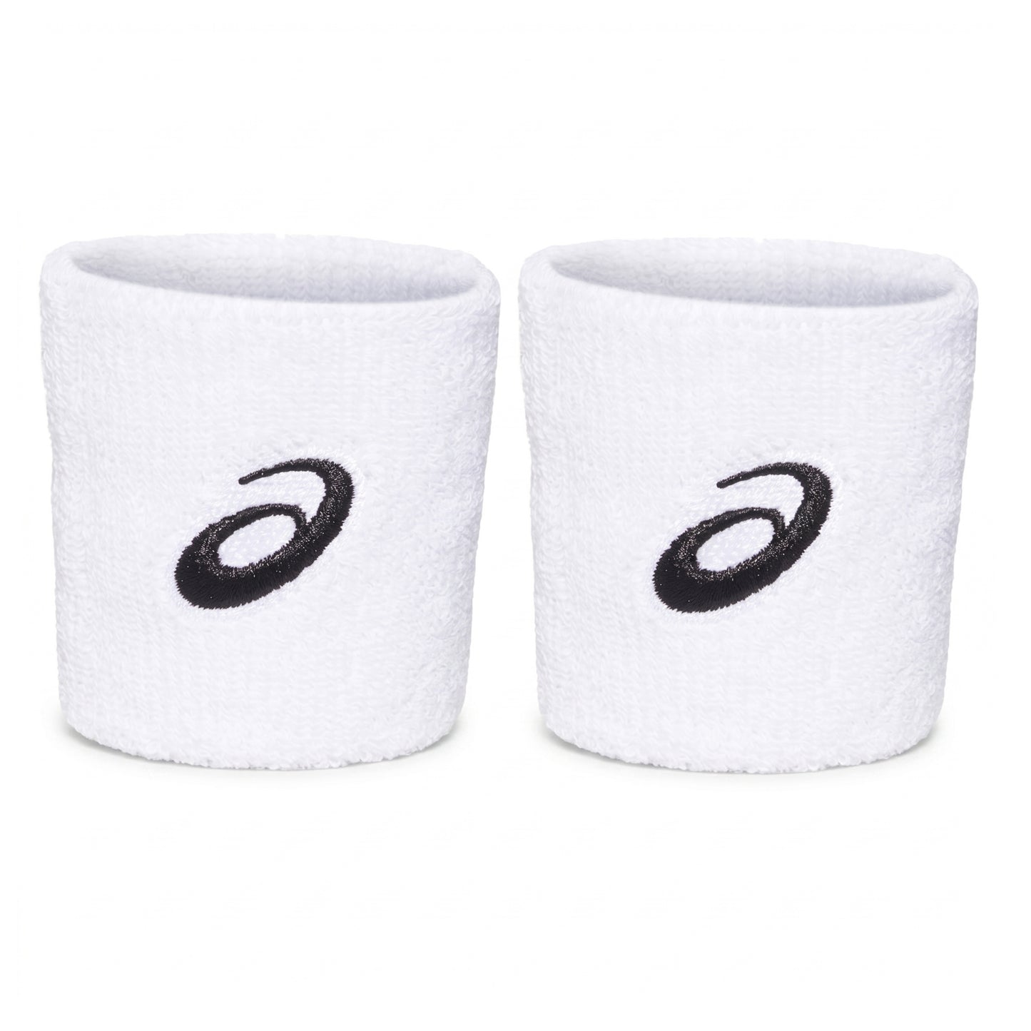 Two white wristbands with black Asics logo on a white background