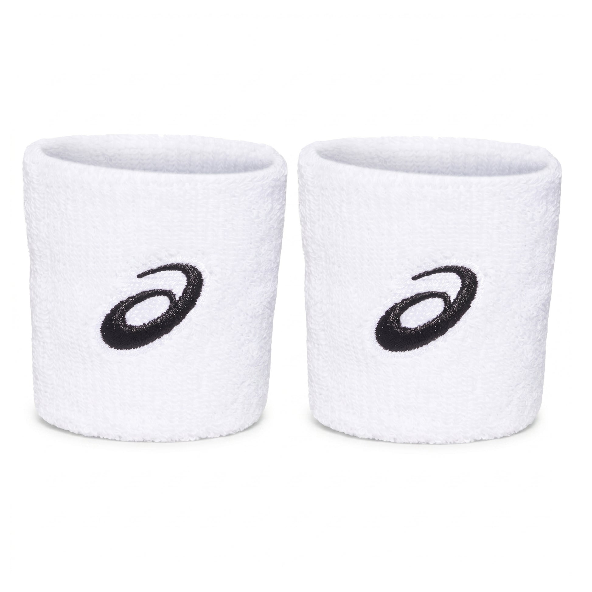 Two white wristbands with black Asics logo on a white background