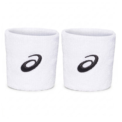 Two white wristbands with black Asics logo on a white background