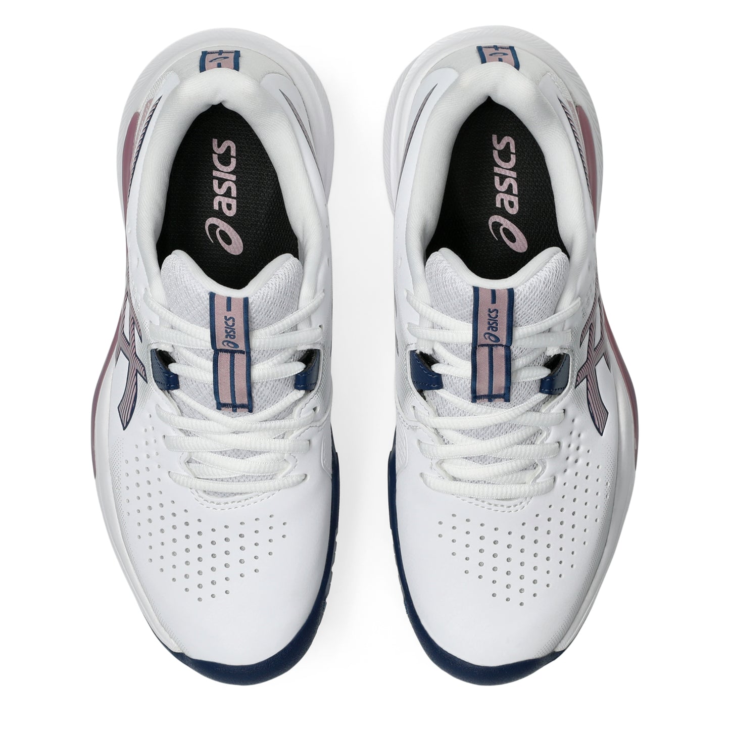 A pair of ASICS tennis shoes in white, featuring a dark navy blue outsole, a pink and navy heel accent, and a navy logo on the side, set against a plain white background.