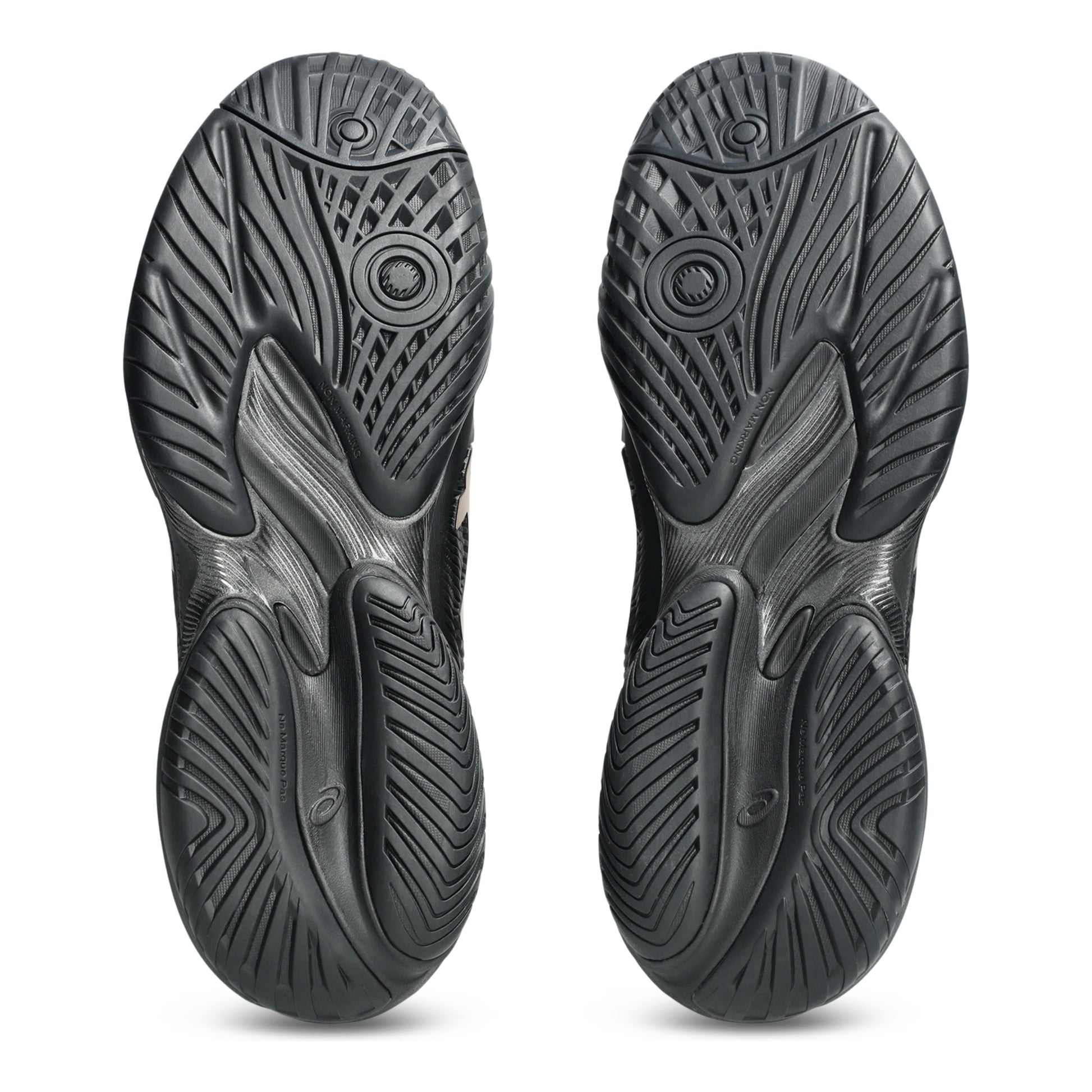 Black shoe sole with tread pattern on a white background
