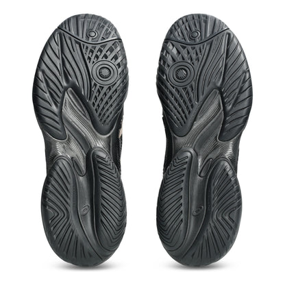 Black shoe sole with tread pattern on a white background