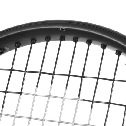 Close-up of a black Head tennis racket frame with white strings and a small white 'JR' marking on the throat, set against a plain white background.