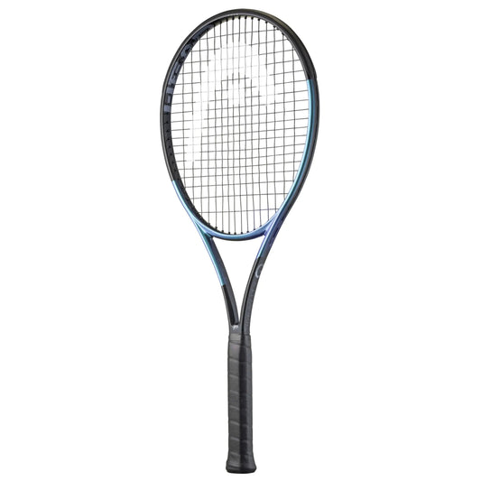 Black and blue Head tennis racket with blue frame and black strings on a white background