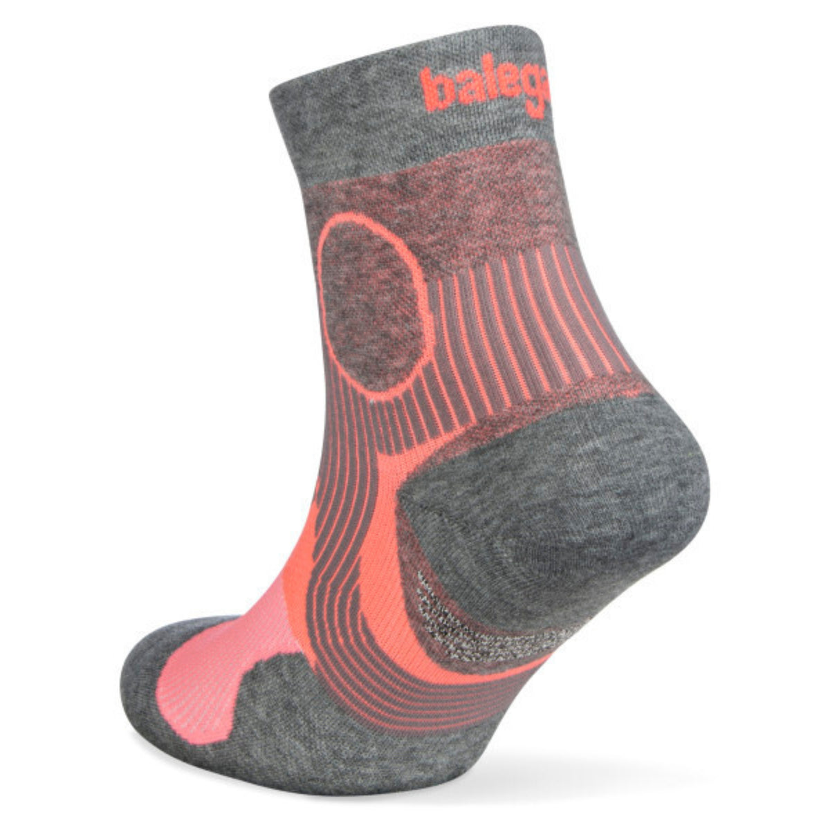 Gray and pink sock with 'Balega' branding on a white background